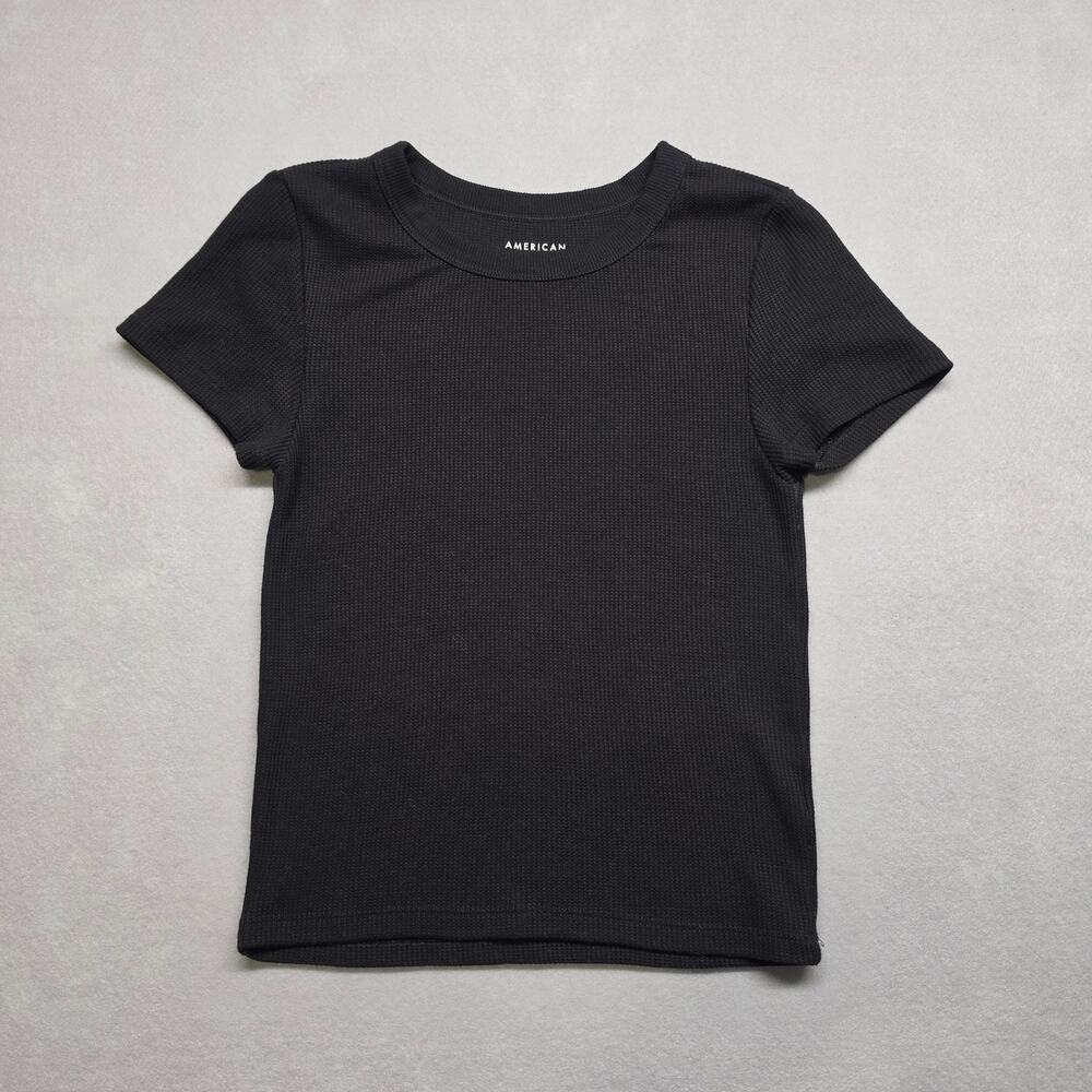 American Eagle Waffle Knit Baby Tee Womens S Black Short Sleeve T-Shirt